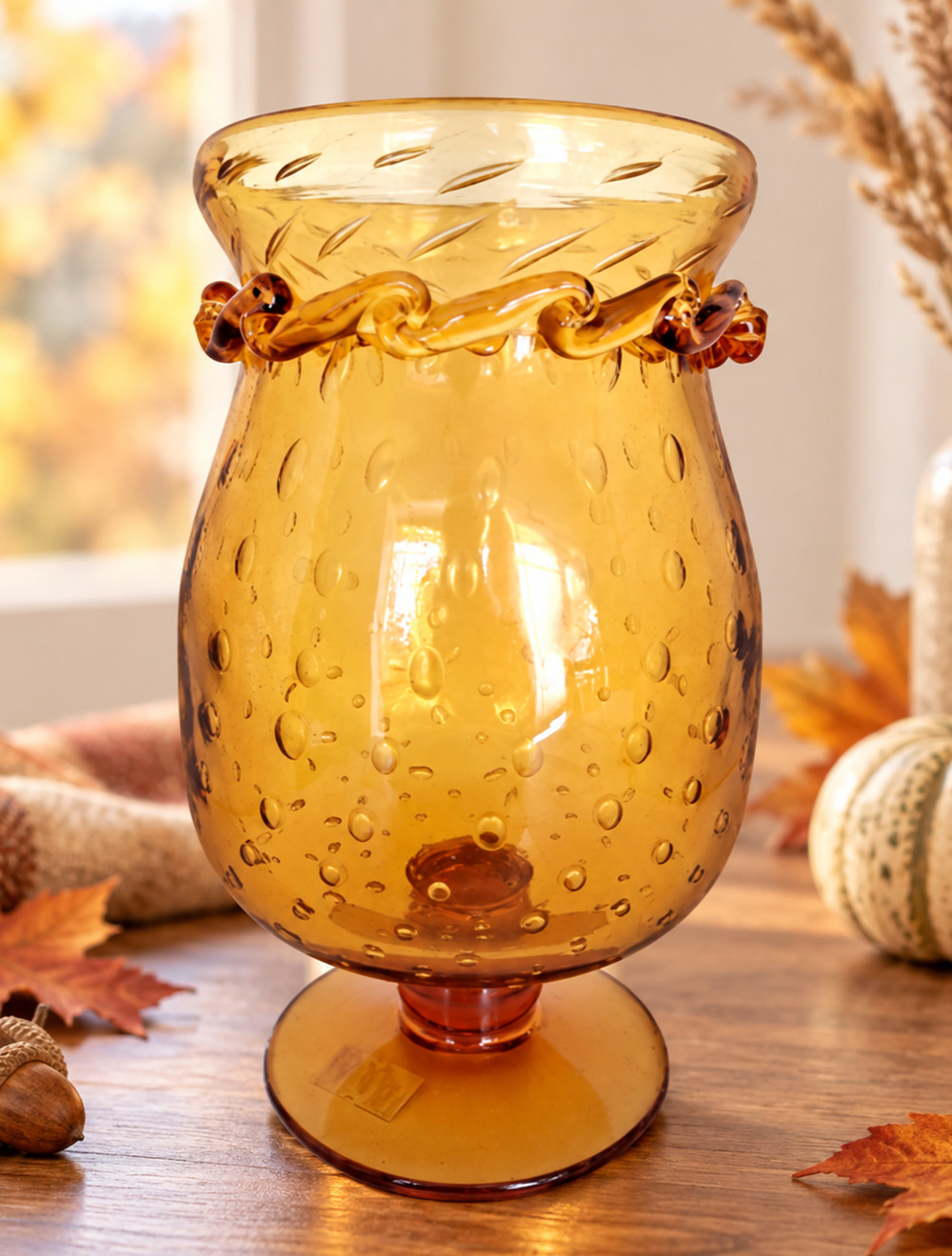 Vintage Amber Controlled Bubble Art Glass Pedestal Vase Applied Rigaree 1960s
